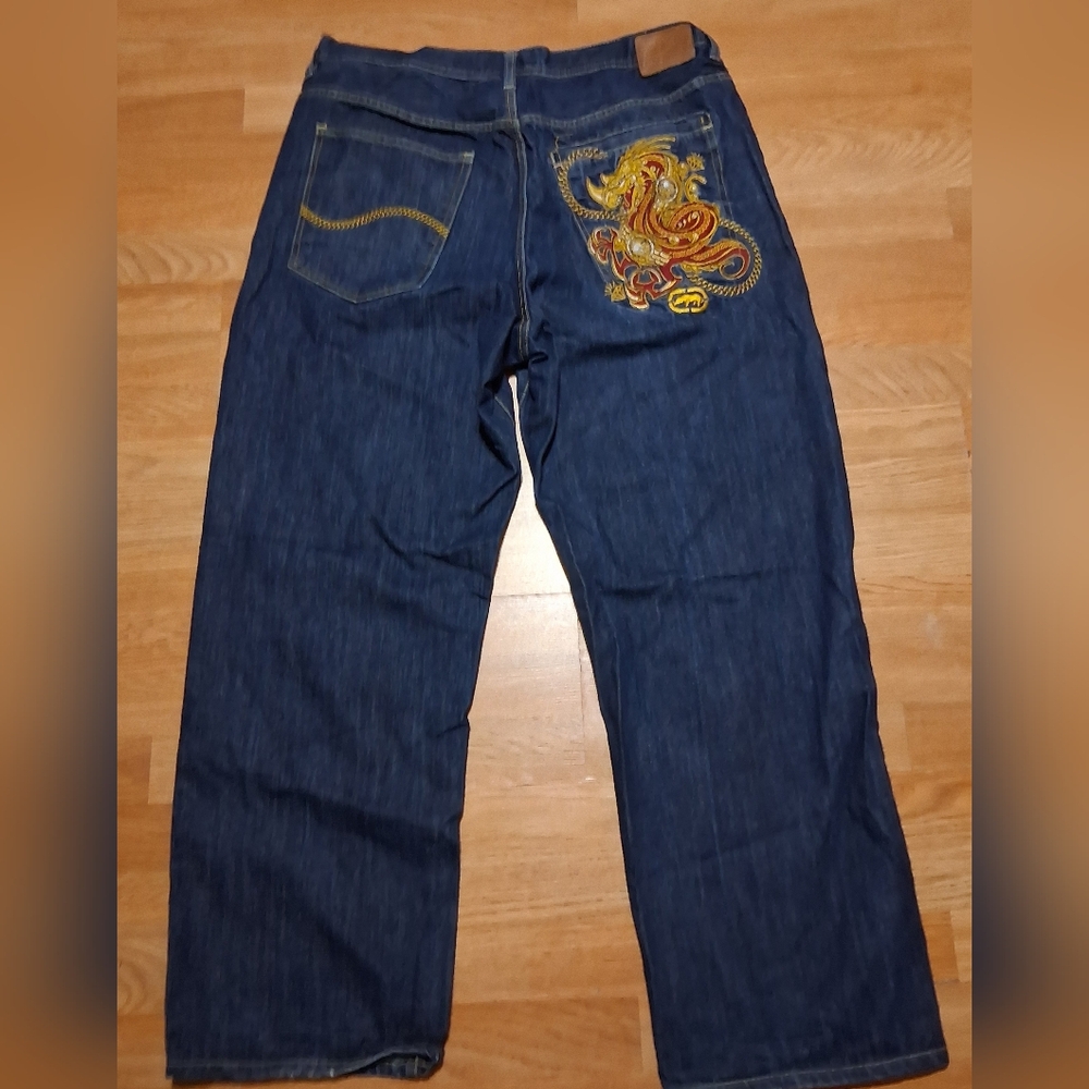 Ecko Unlimited Dark Blue Baggy-fit  Jeans with Dragon Embroidery Sz. 40